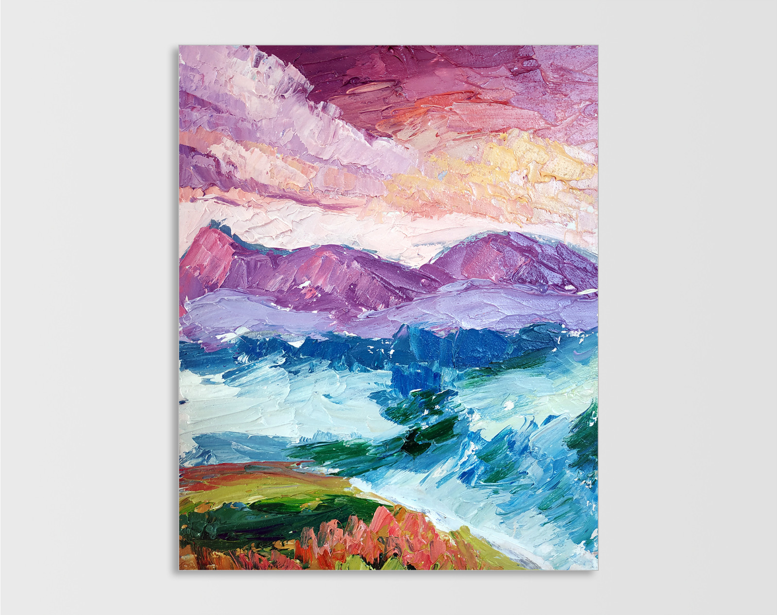 Original oil Landscape Mountains painting Pink sky Seascape river art 8x10 in