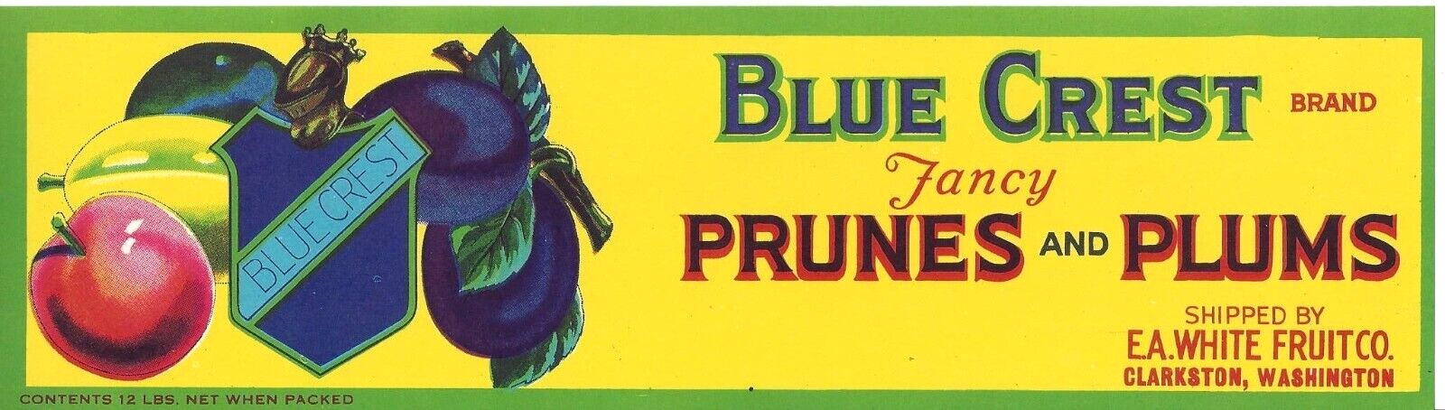 Original 1930s BLUE CREST prune & plum crate label Clarkston shield helmet white