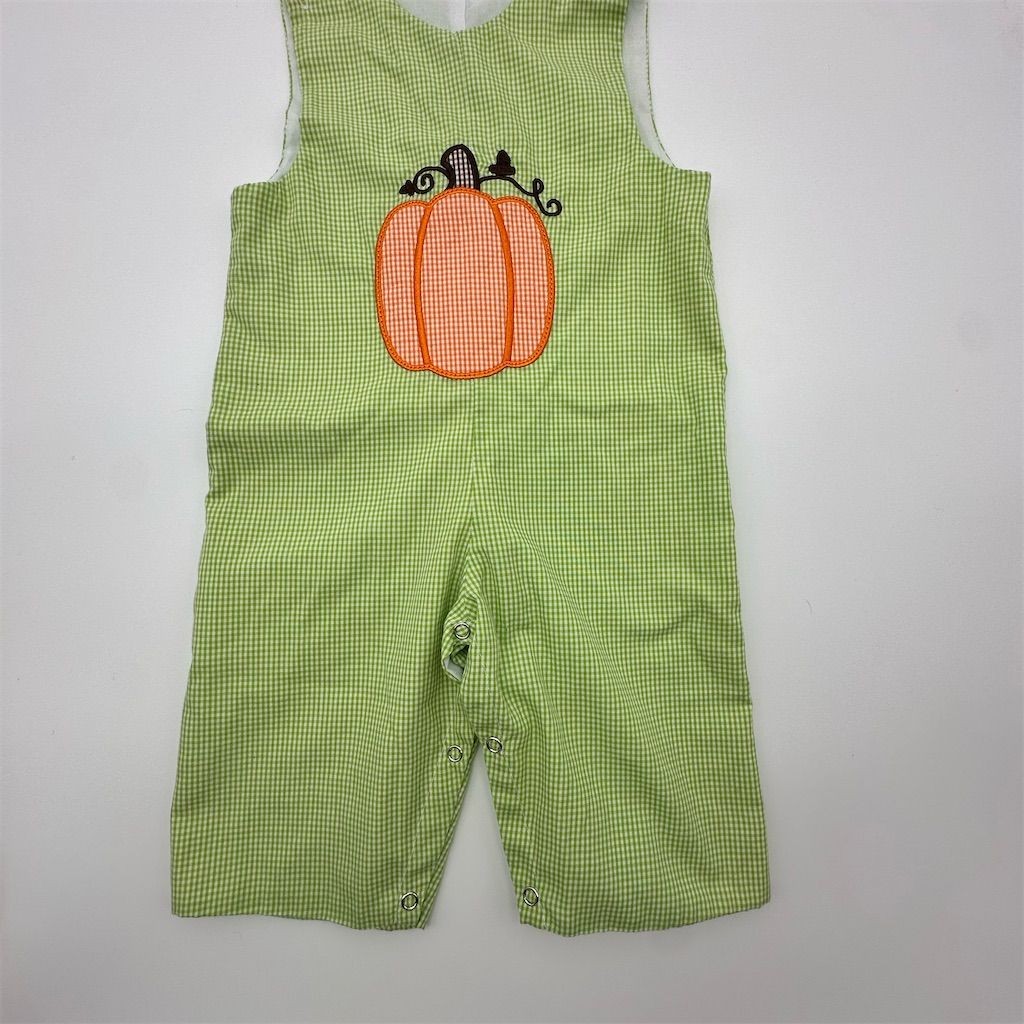Be Mine Baby Overalls Green Gingham Pumpkin 9M Unisex