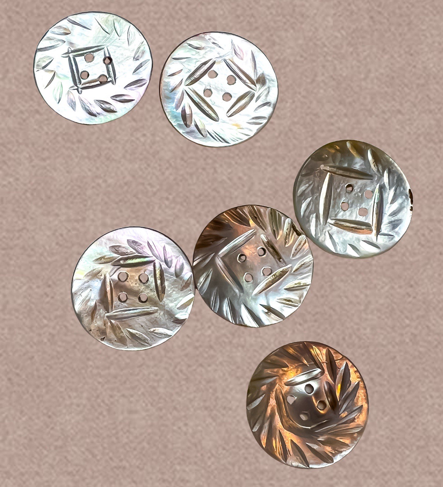Set of 6 Antique Mother of Pearl Buttons 4 Hole Shell Iridescent Smoky Carved