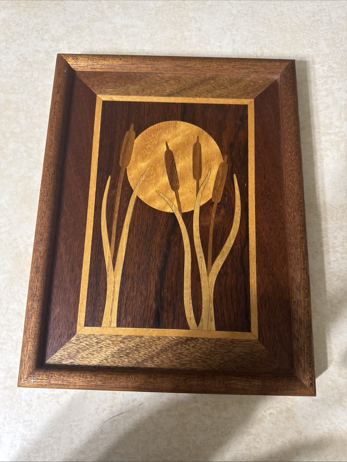 Vintage ~  MCM Marquetry Inlaid Wood Wall Art ~ Cattails Sun ~ 13” x 10” EUC 