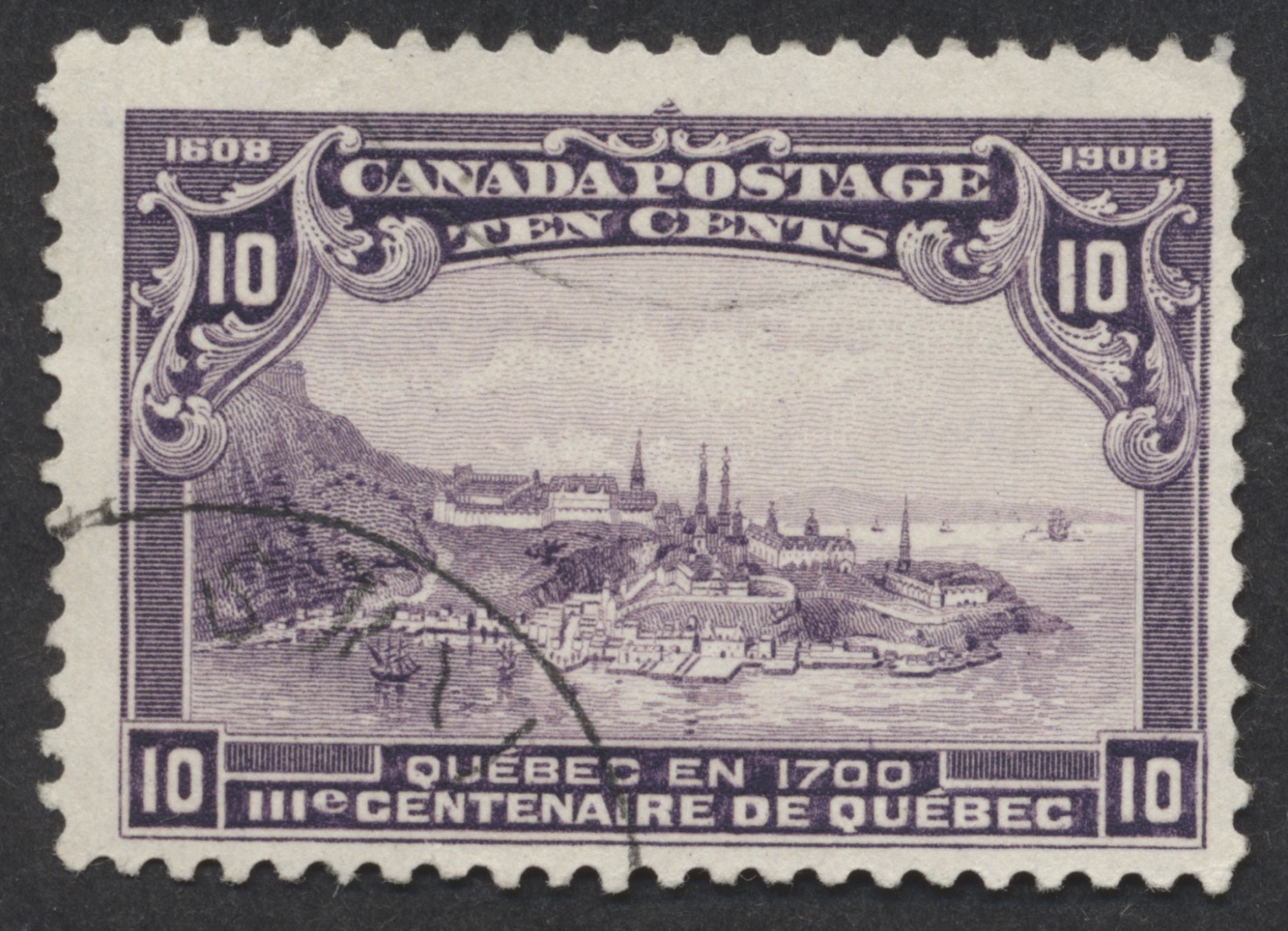 Canada #101 10c Quebec Tercentenary Fine Used Light CDS Short Perf