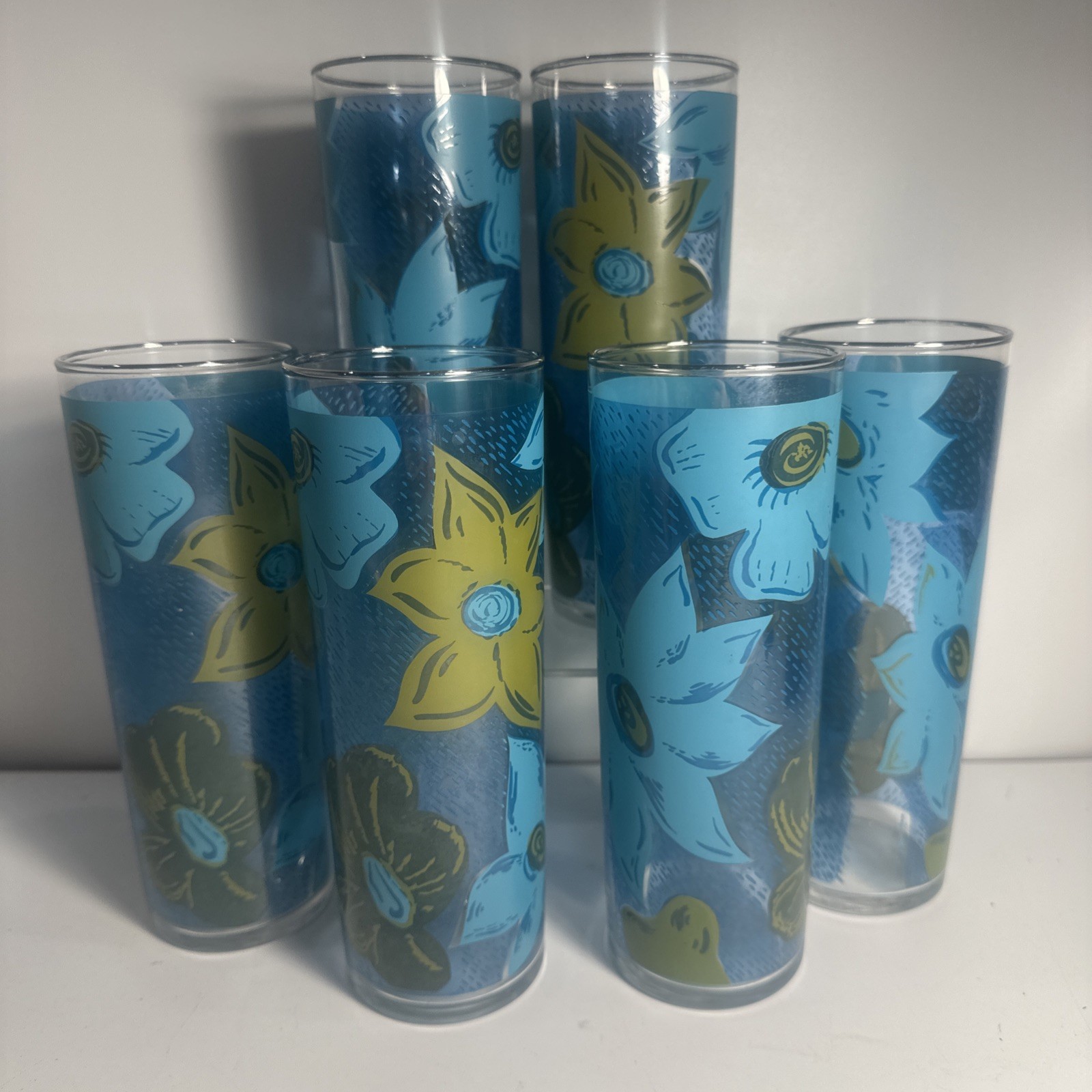 Federal Glass 6.75" Tall TOM COLLINS Glasses Turquoise Green Floral Set Of 6