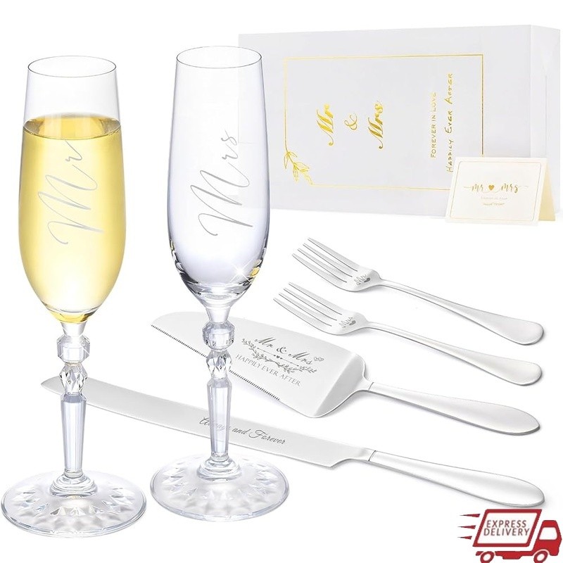 Wedding Champagne Flutes Set W/ Cake Knife & Server Personalized Gifts Couples