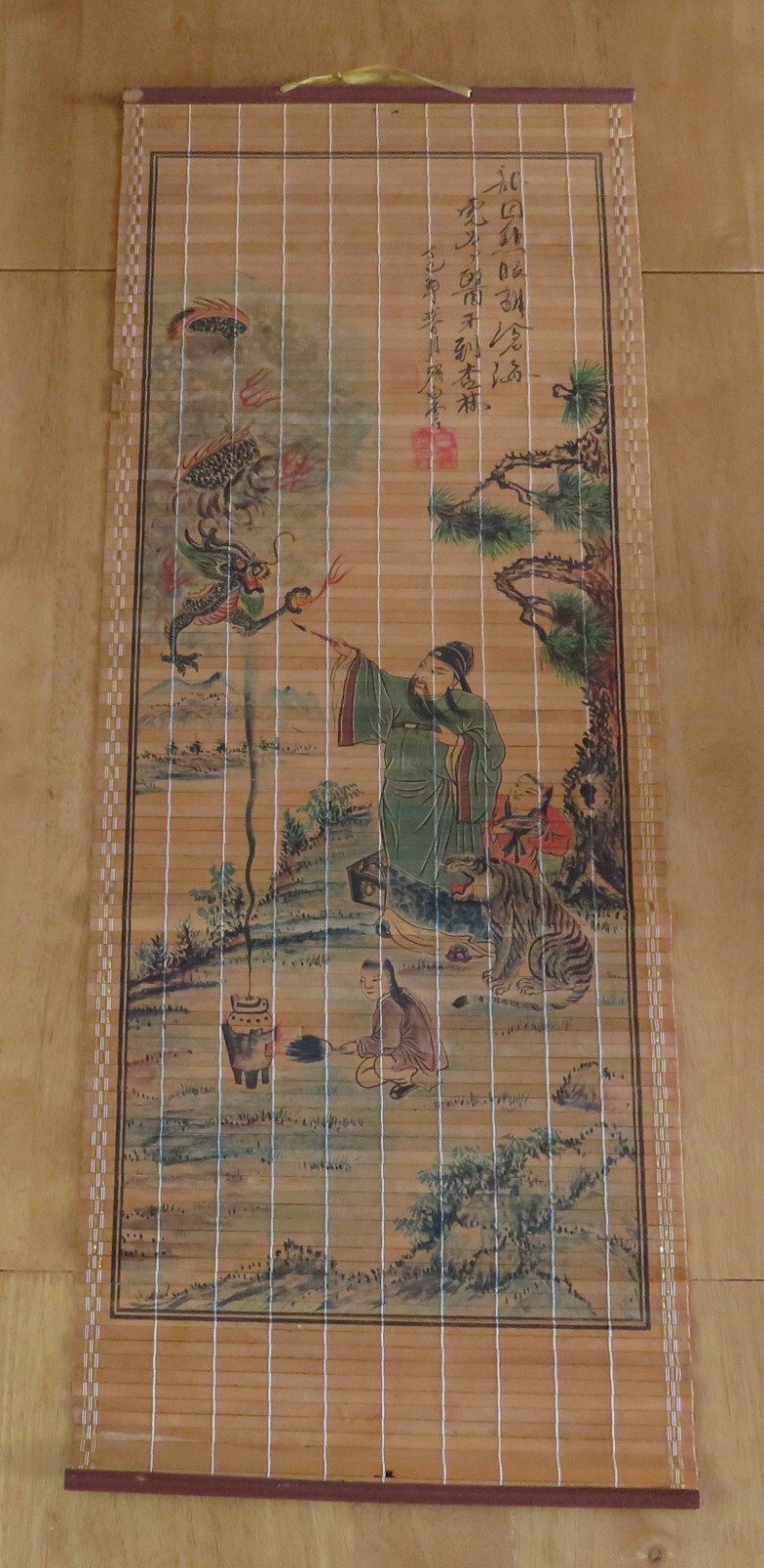 Chinese wood vintage Art Deco oriental antique wall hanging of  dragon & painter