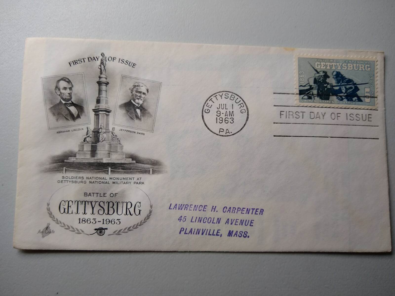 Letter Cover - Soldiers National Monument - Battle of Gettysburg - 1863-1963