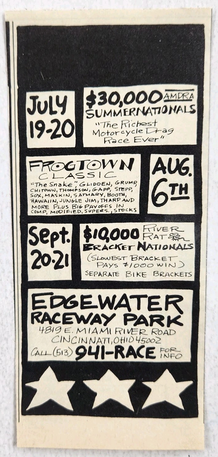 1975 Drag Racing Edgewater Raceway Park Frogtown AMDRA Retro Original Print Ad