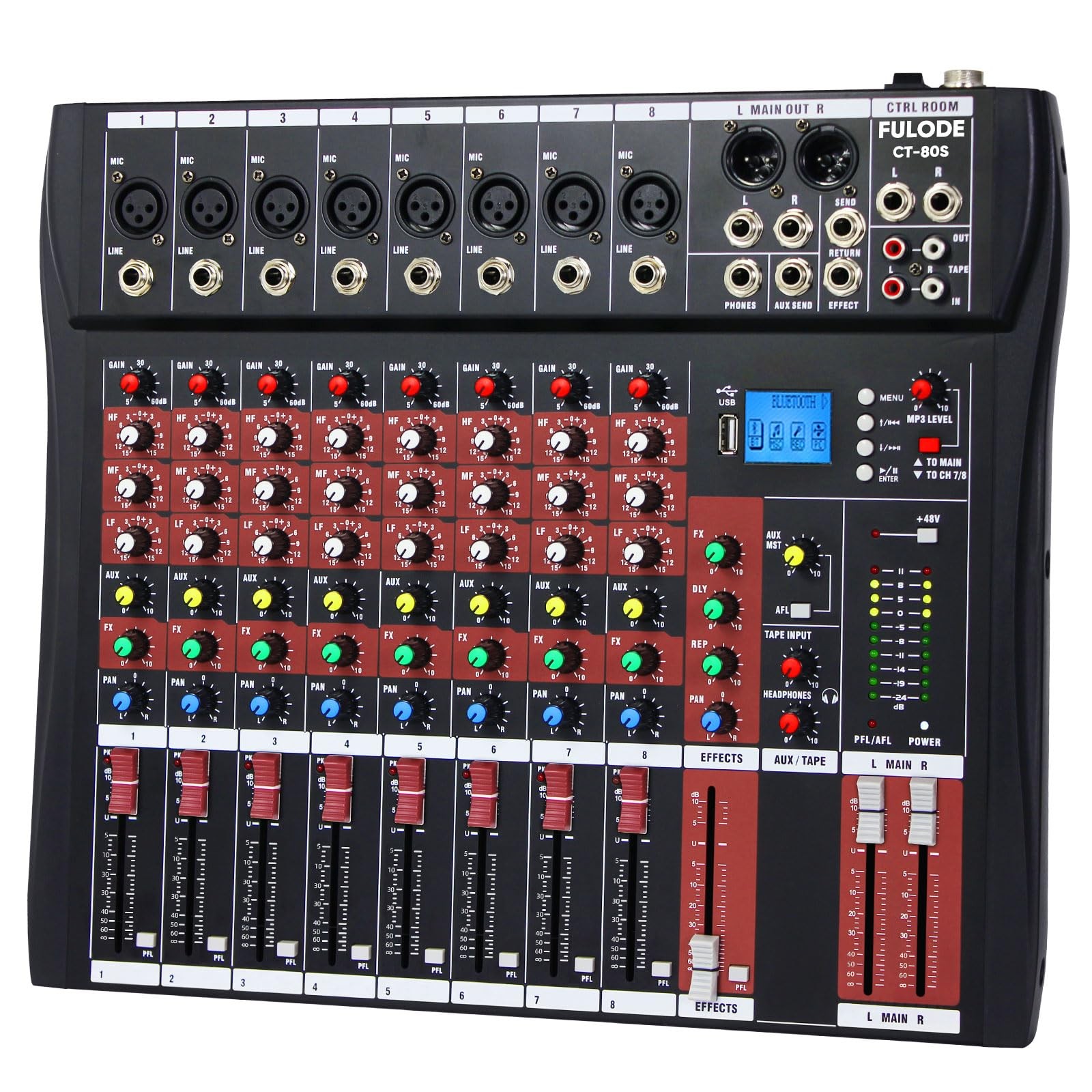 8 Channel Audio Mixer Sound Board Bluetooth 48V Phantom Power FULUODE CT-80S