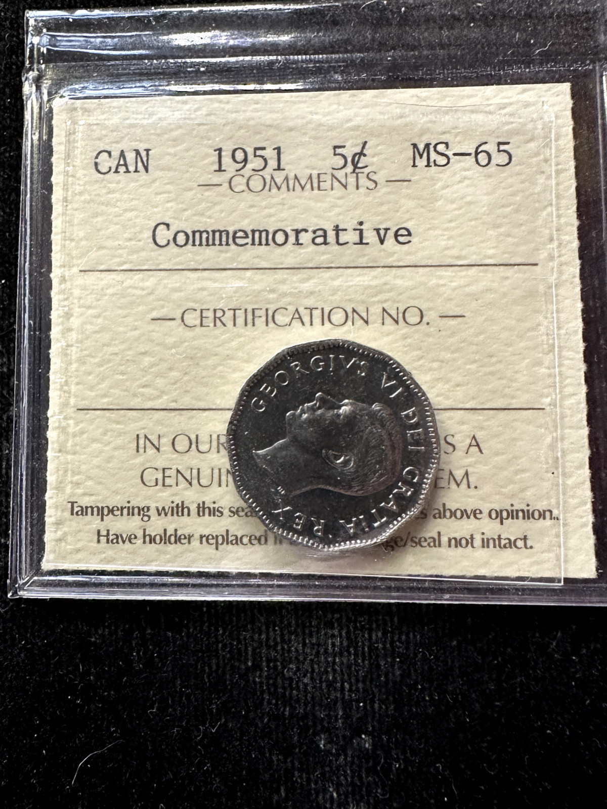 1951 Commemorative, ICCS Graded Canadian, Five Cent **MS-65**Cert# XJB 033
