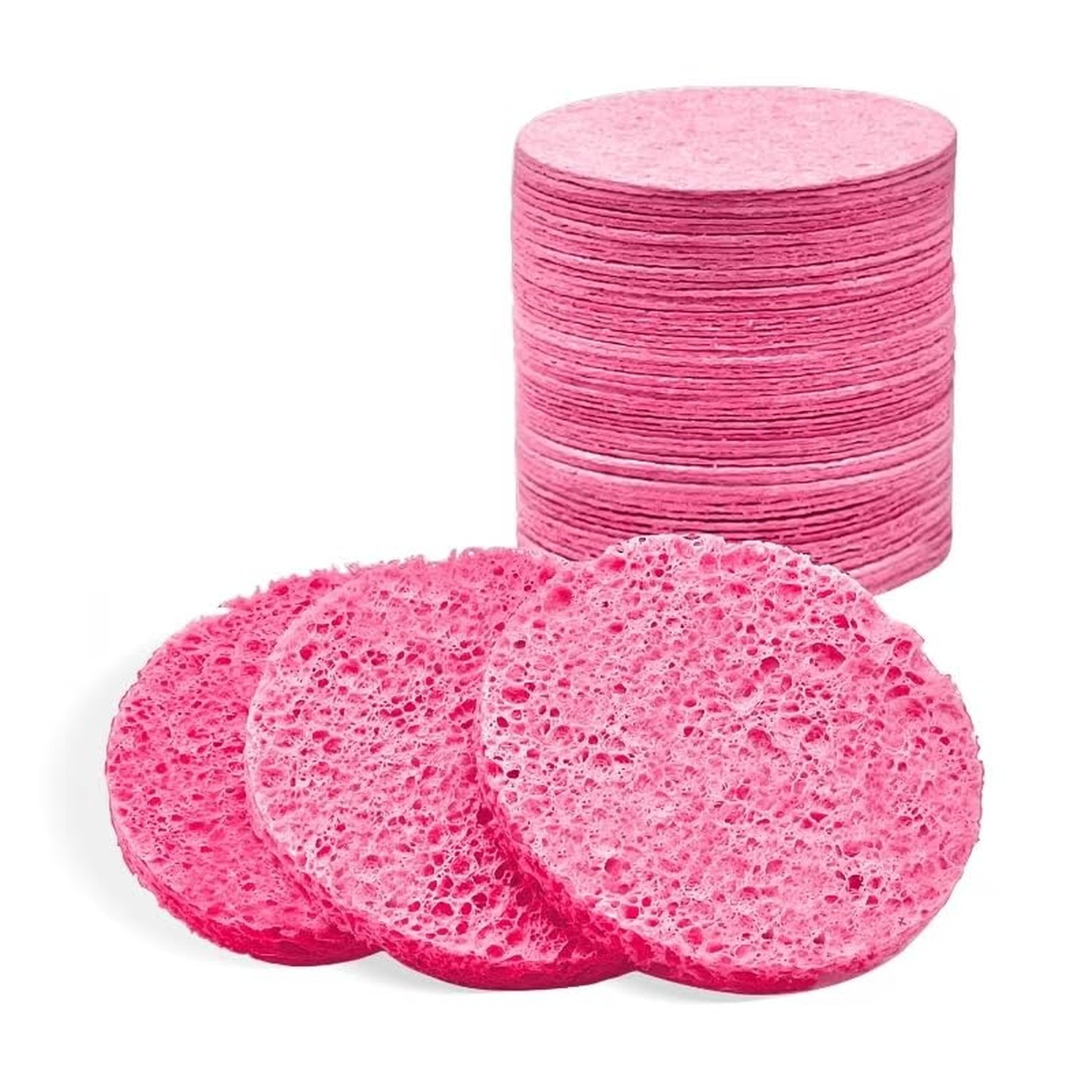 50-Count Facial Sponges, Compressed Natural Cellulose, Pink, Round Shape, Fac...