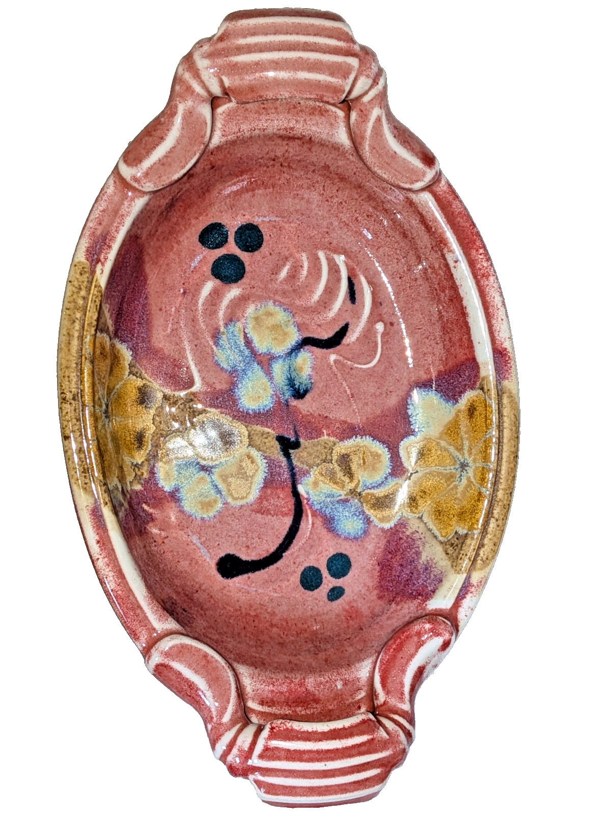 Vtg Handmade Pottery Oval Dish Signed Chuck Moore CM Floral Art 10" w Handles