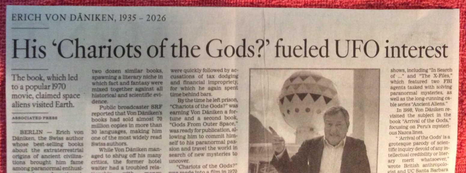 OBITUARY 1935 - 2026 ERICH VON DANIKEN AUTHOR CHARIOTS OF THE GODS UFO MEMORIES
