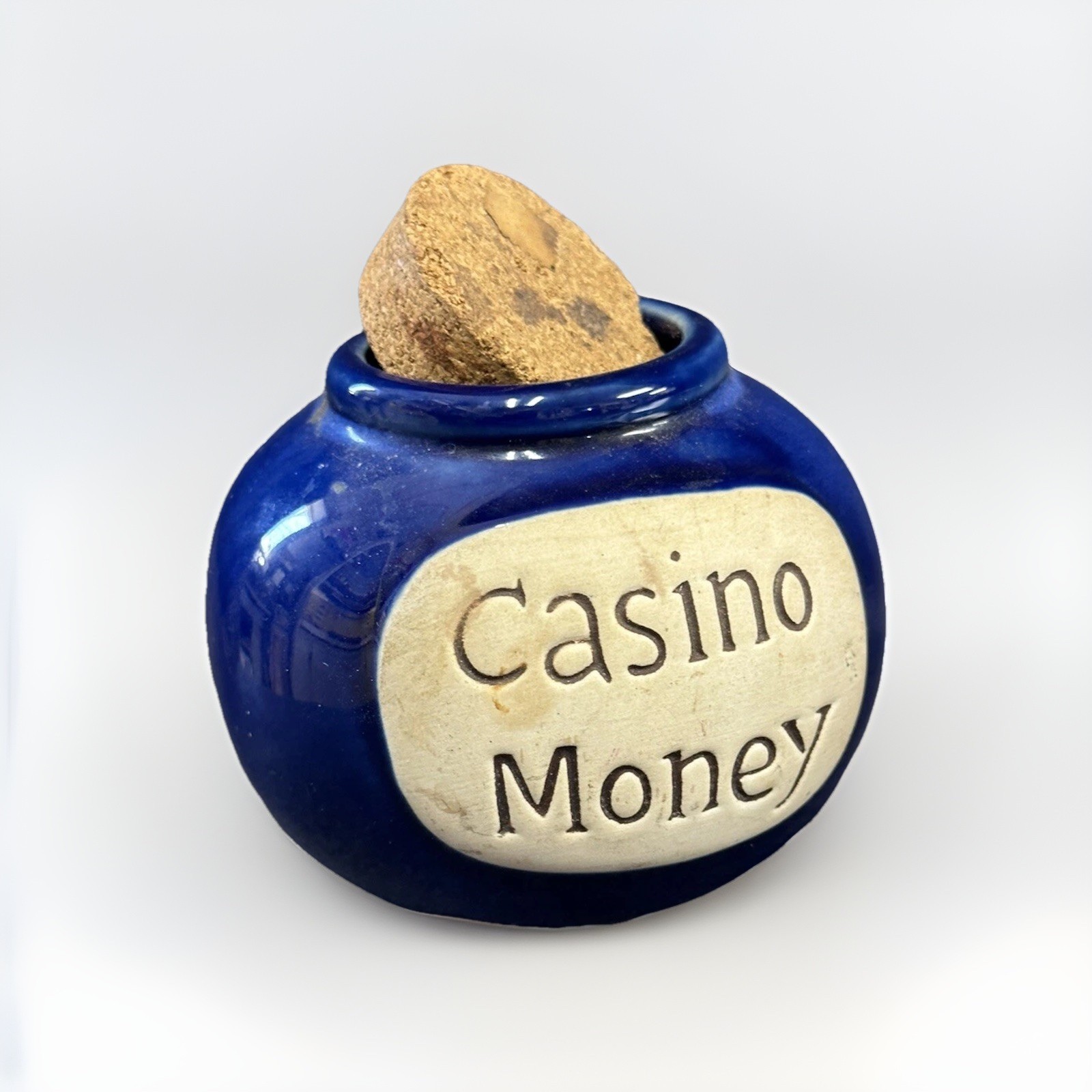 Casino Money Jar w/ Cork Lid Blue Pottery 3.5” tall