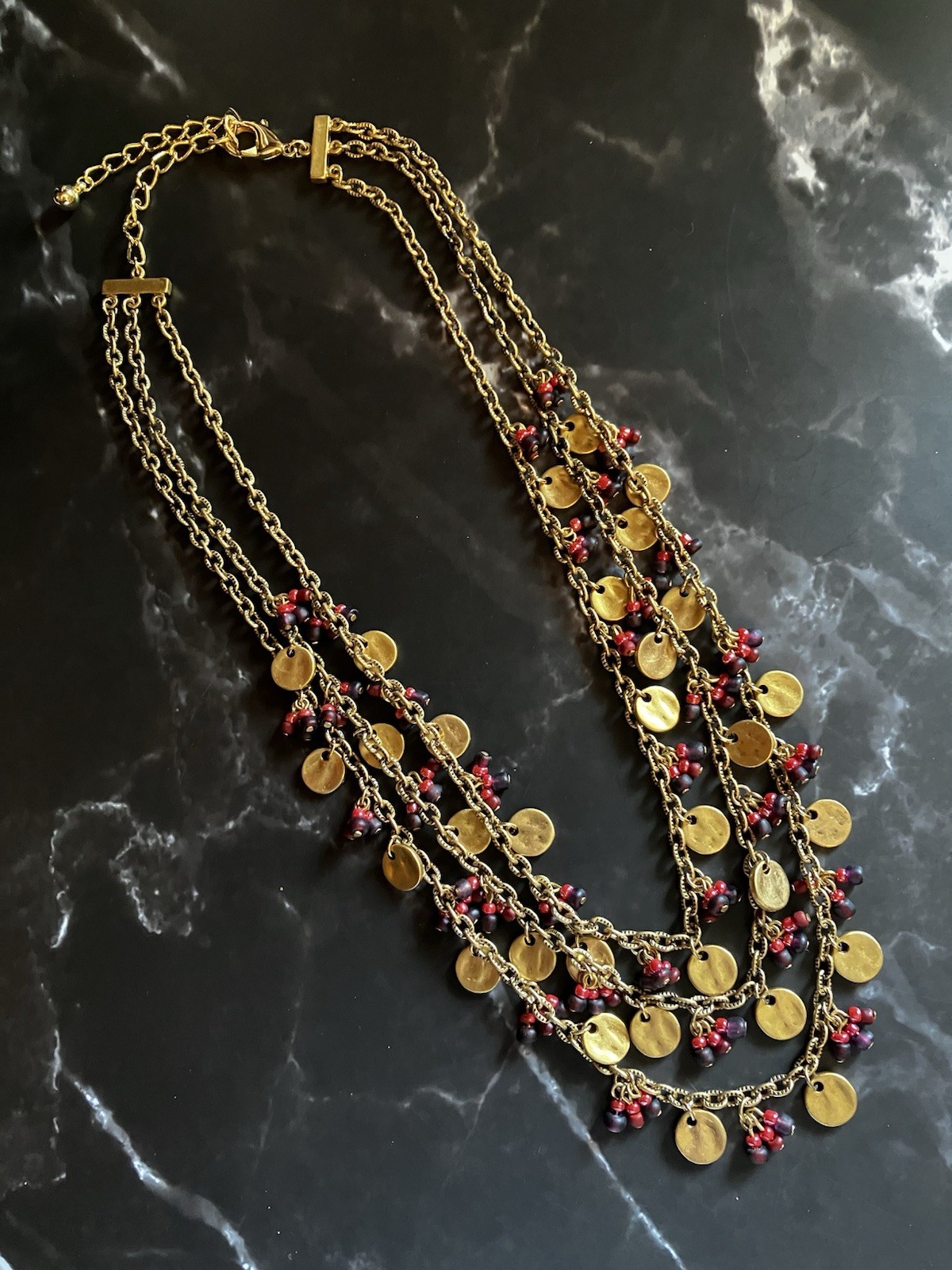 Gold Tone Multi Layer Necklace Beads Coin Circles