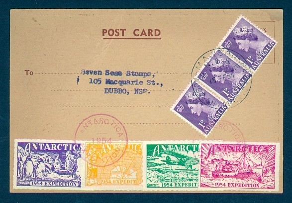 AUSTRALIA 1954 ANTARTIC EXPEDITION PC w/SET OF 4 LABELS TIED