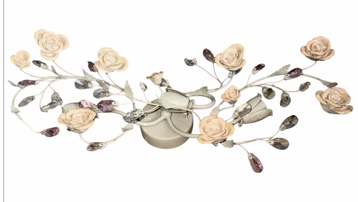 Ivory Porcelain Rose With Pink/Clear Crystals Wall Sconce Lighting