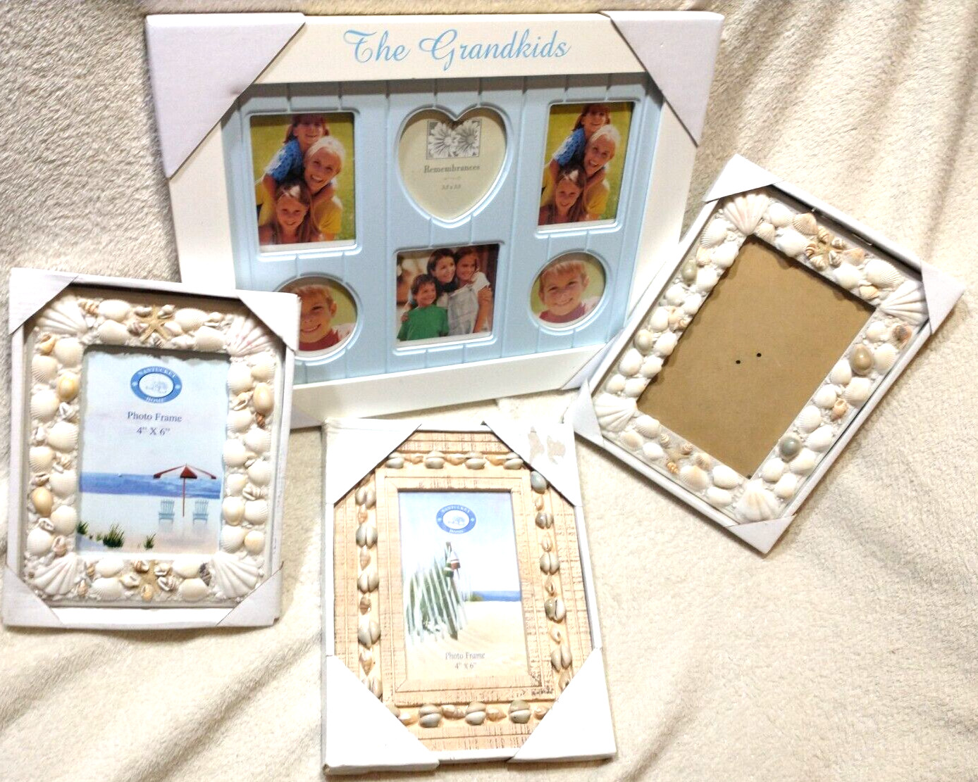 Photo Picture Frames 1-(6)3.5x3.5, 3-4x6 Lot Beach Cottage Style Wood & Seashell