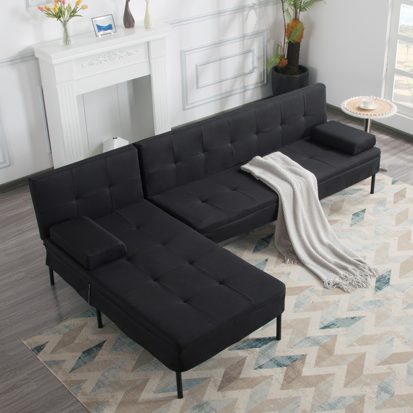 89.4" L-Shaped Convertible Sofa Bed Reversible Chaise Full Sleeper Black Fabric