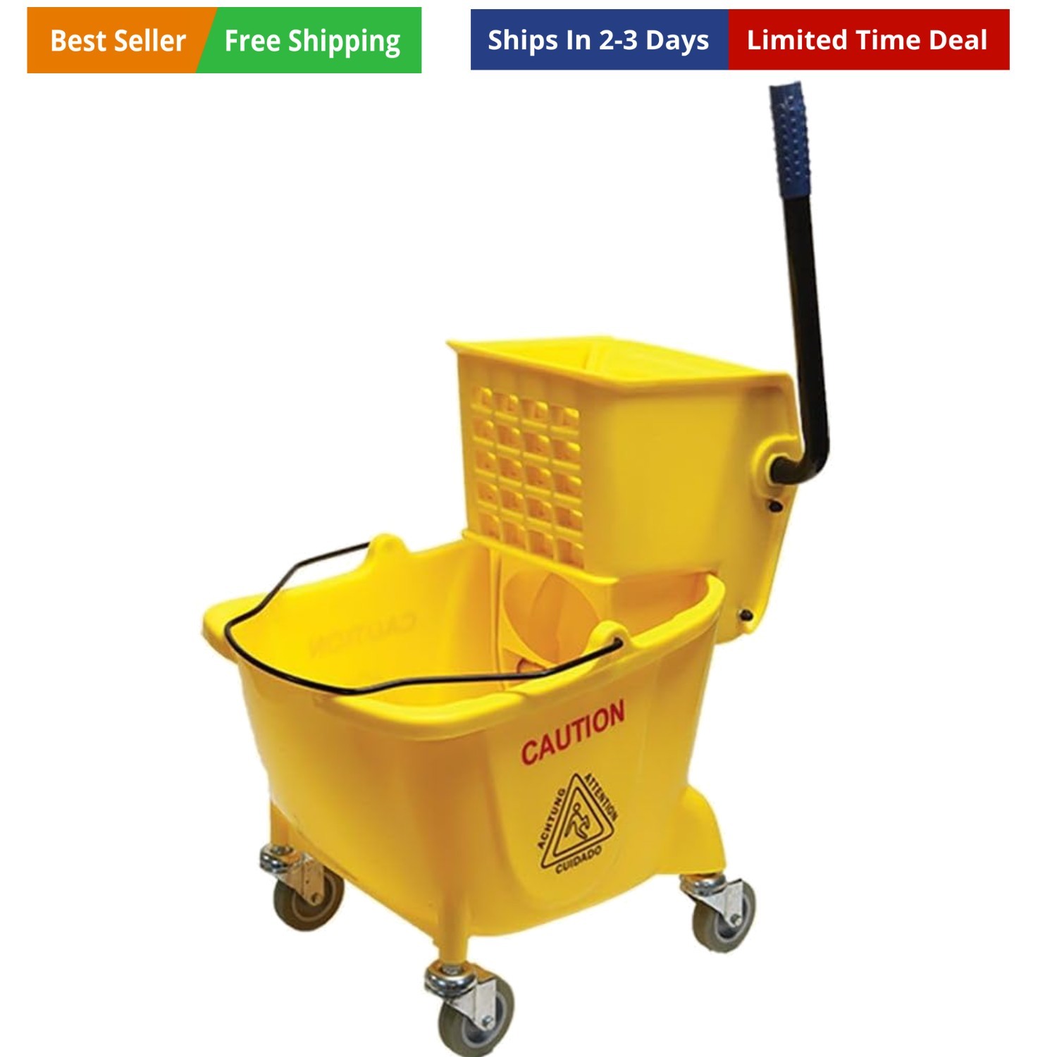 Side Press Wringer Combo Commercial Rectangular Mop Bucket on Wheels, 35-Quar...