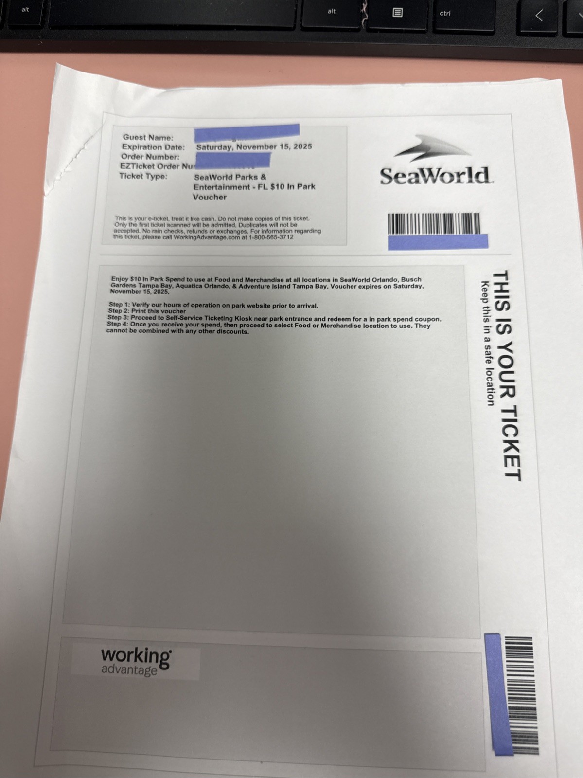 2 SeaWorld FL $ 10.00 In Park Voucher