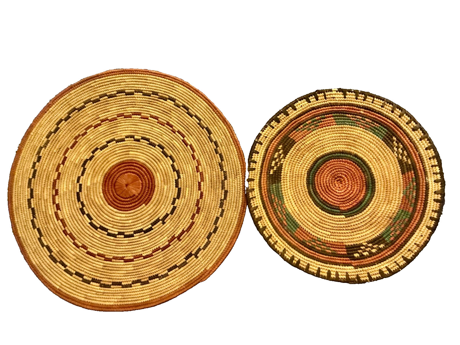 Vintage PAIR African Tight Weave Flat Baskets Rwanda or Nigeria