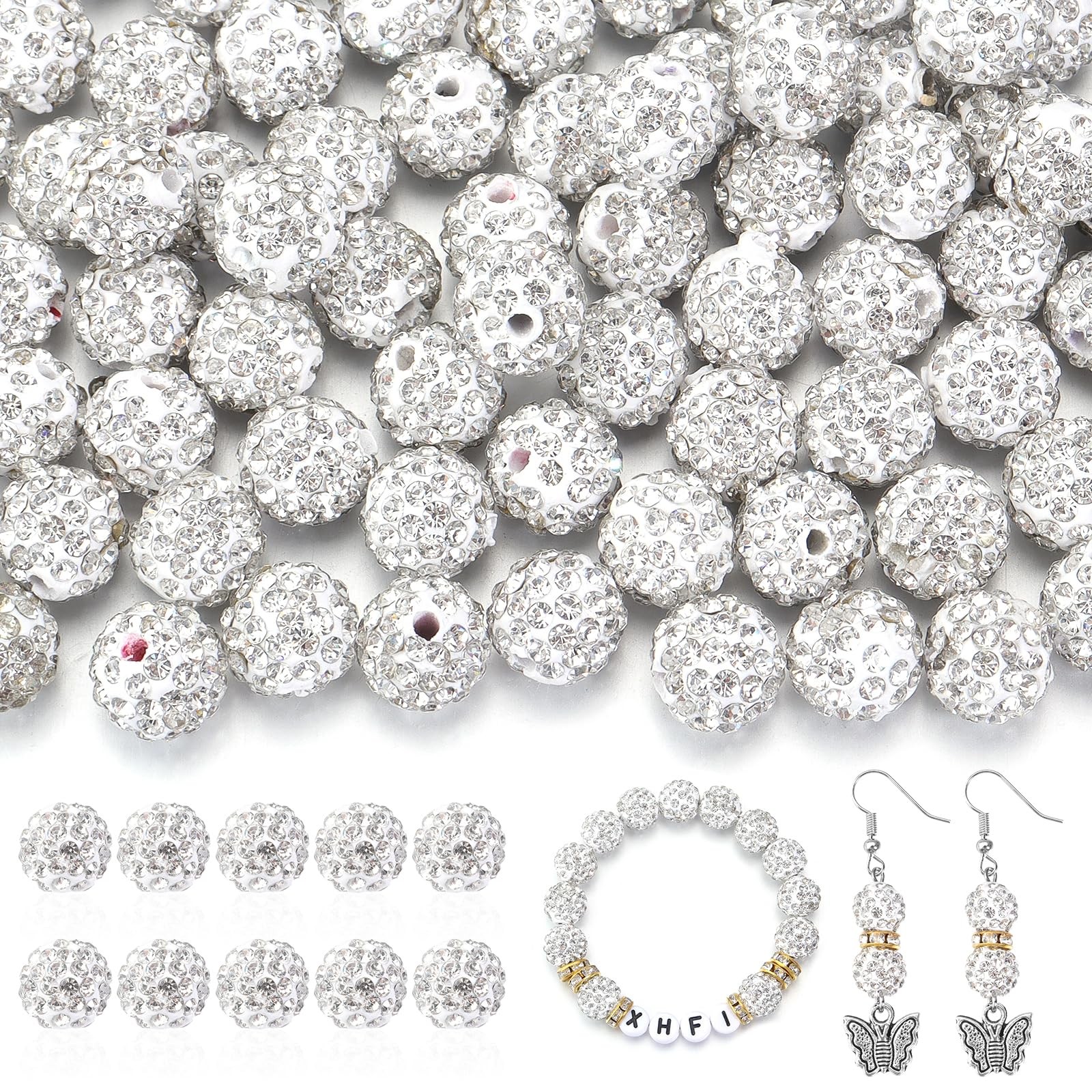 100Pcs Rhinestone Beads 10mm for Jewelry Making, Shiny Round 100pcs, White 