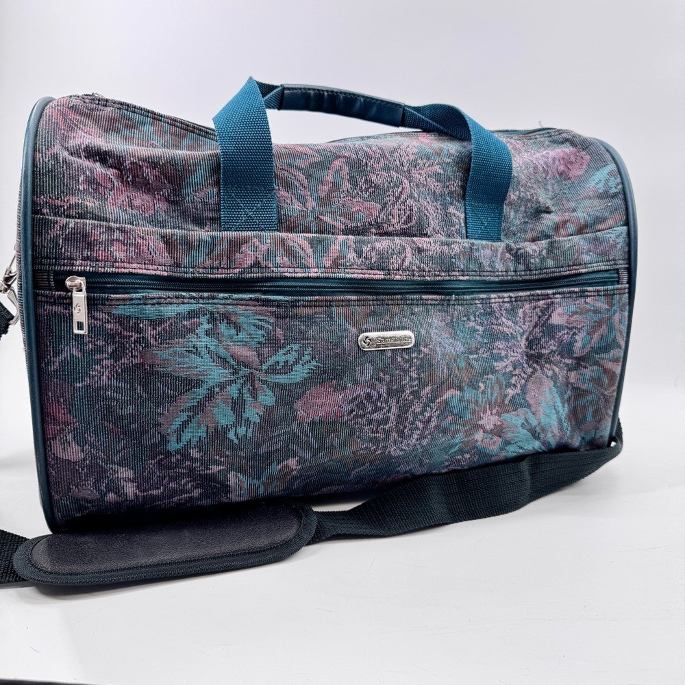 Vintage Samsonite Tapestry Bag Teal Purple Floral Travel duffle suitcase