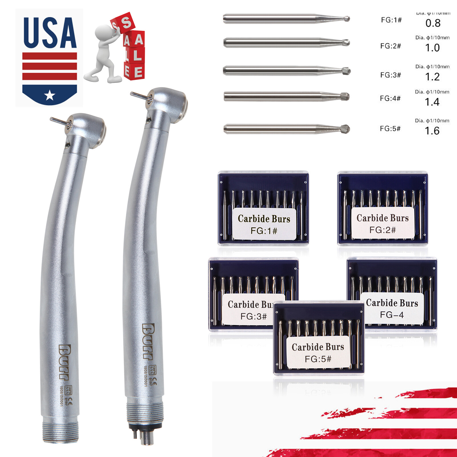 10pcs Dental Carbide Steel Drills Burs FG / Fiber Optic LED Handpiece 2/4H FAS