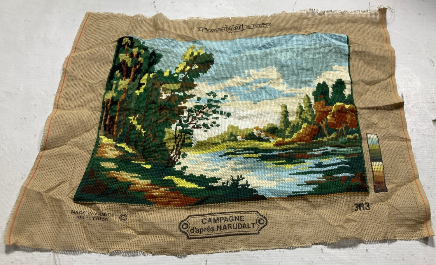 Vintage French Needlepoint Lovely Landscape Home Decor Cushion Front 62x47 cm