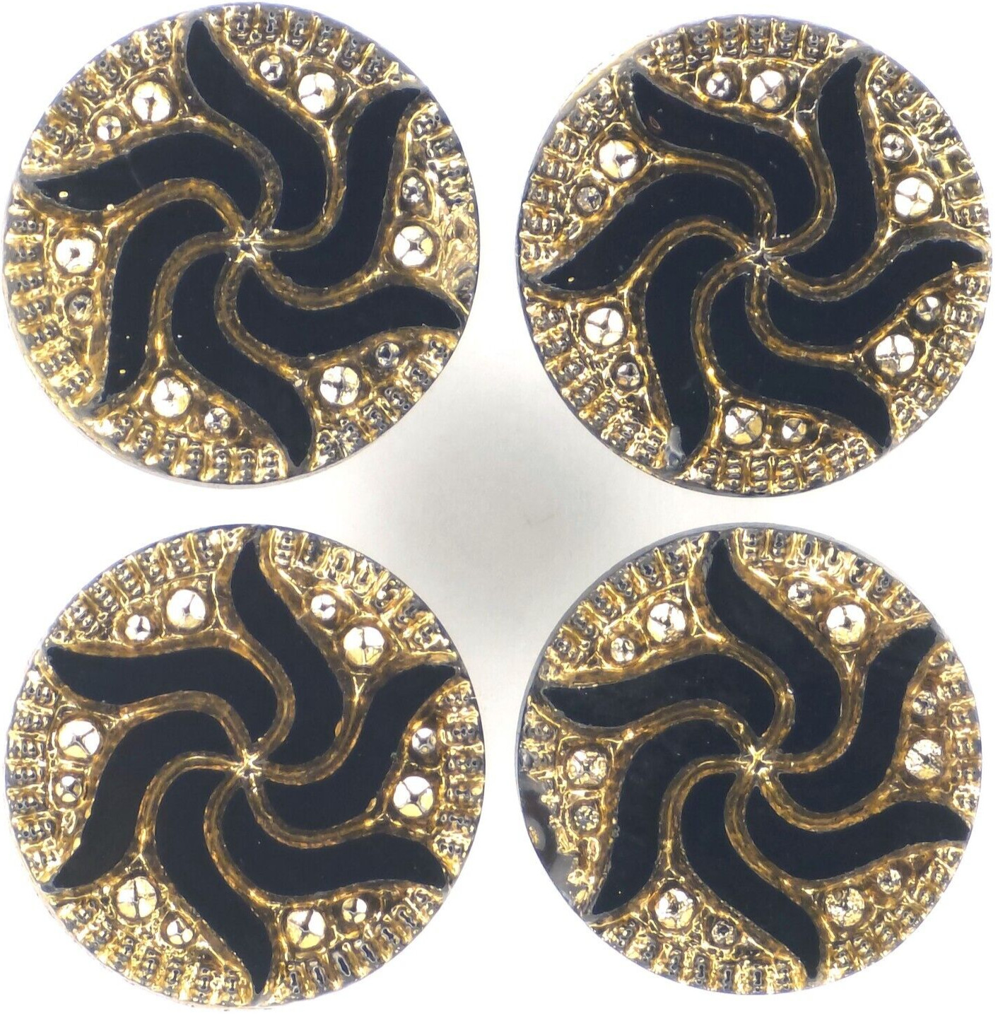 C1890 Antique Victorian Black Glass Gold Luster Starburst Swirl Button Set LOT 4