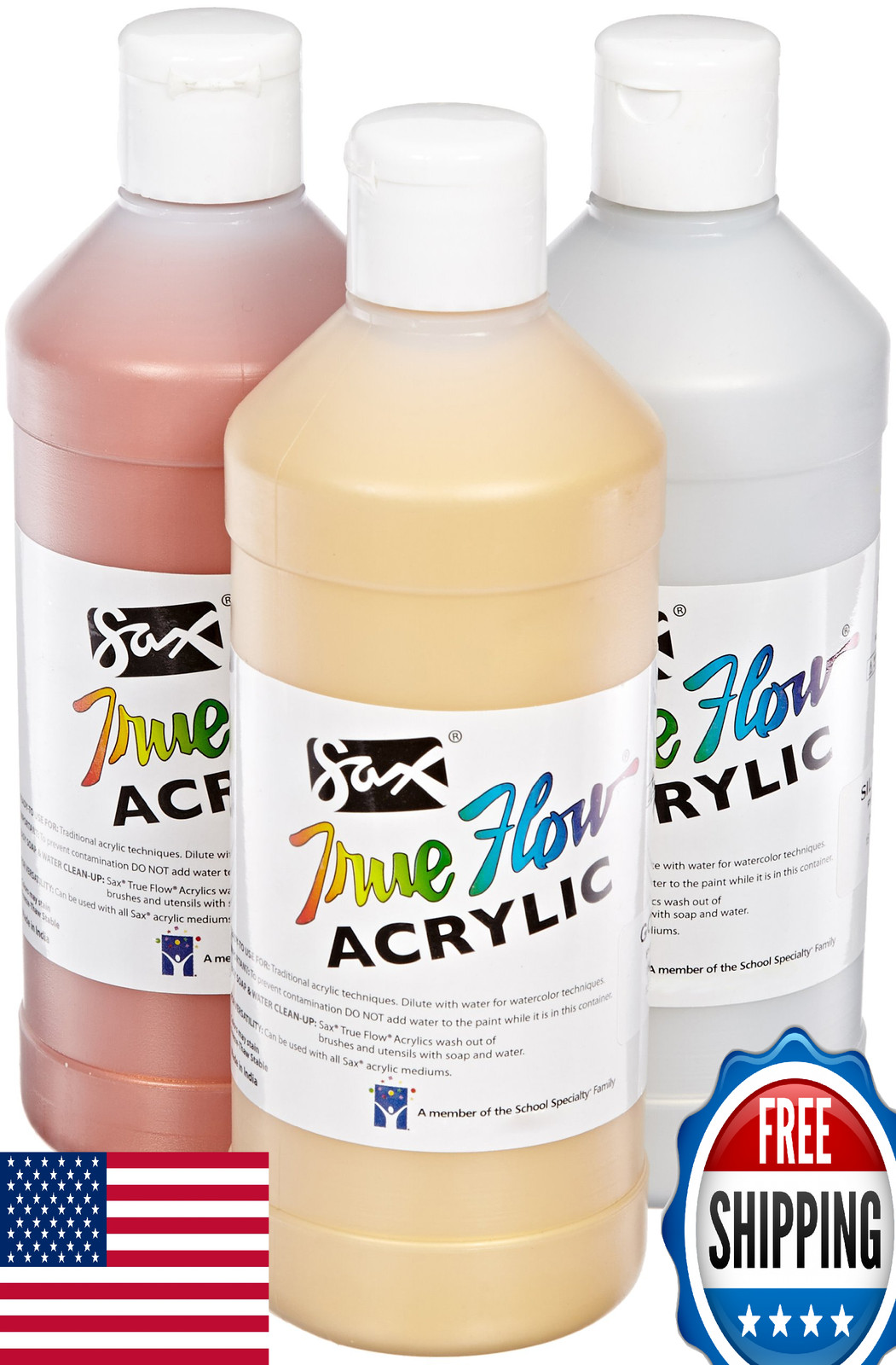 Sax Heavy Body Acrylic Paint, 3 Metallic Colors, 16oz Pints, School/Crafts