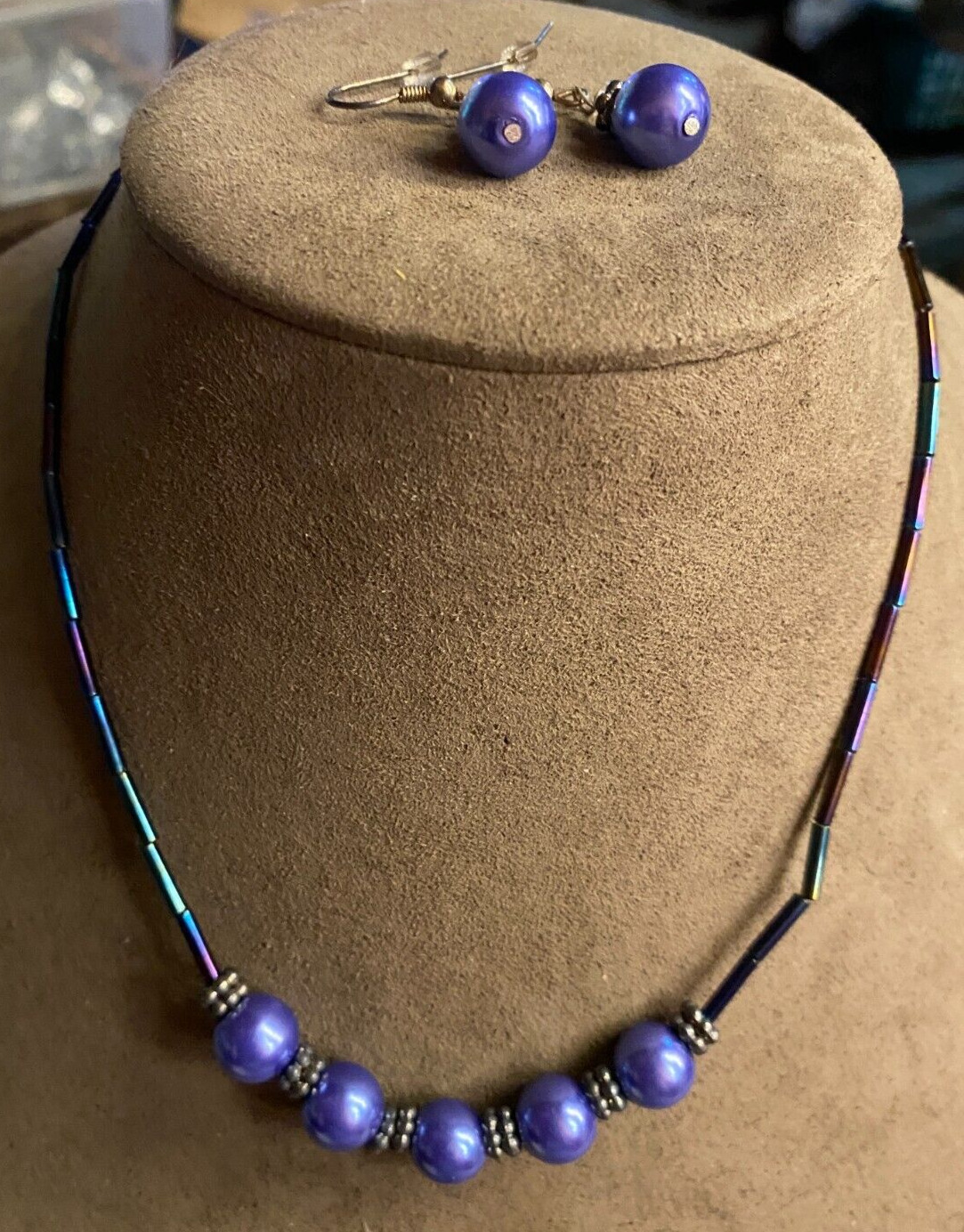 NOS Purple Glass Bead Necklace 16" & Pierced Dangle Earring Set