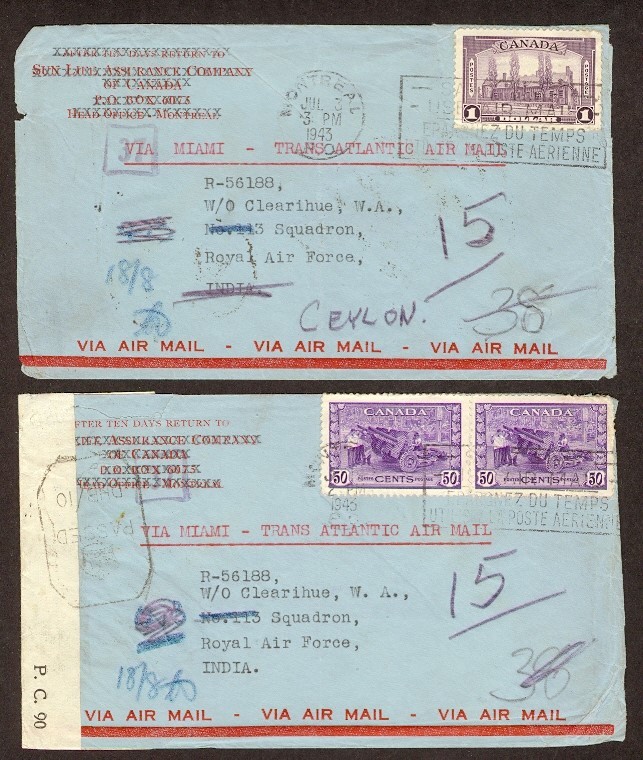 CANADA TWO 1943 AIR REG CENSOR COVERS TO INDIA ONE $1 CHATEAU OTHER 50c ARMS PR