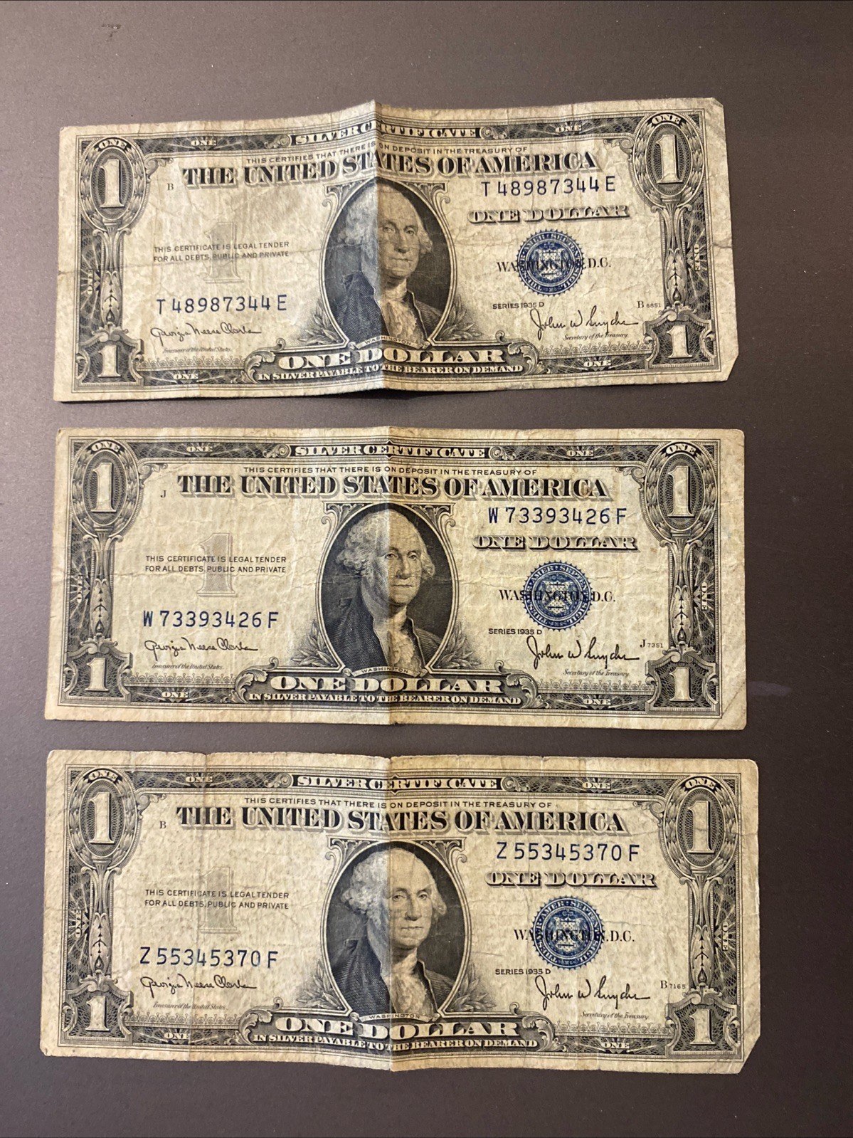 Lot Of Three 1935 Series C One Dollar Silver Certificates Blue Seal 9034