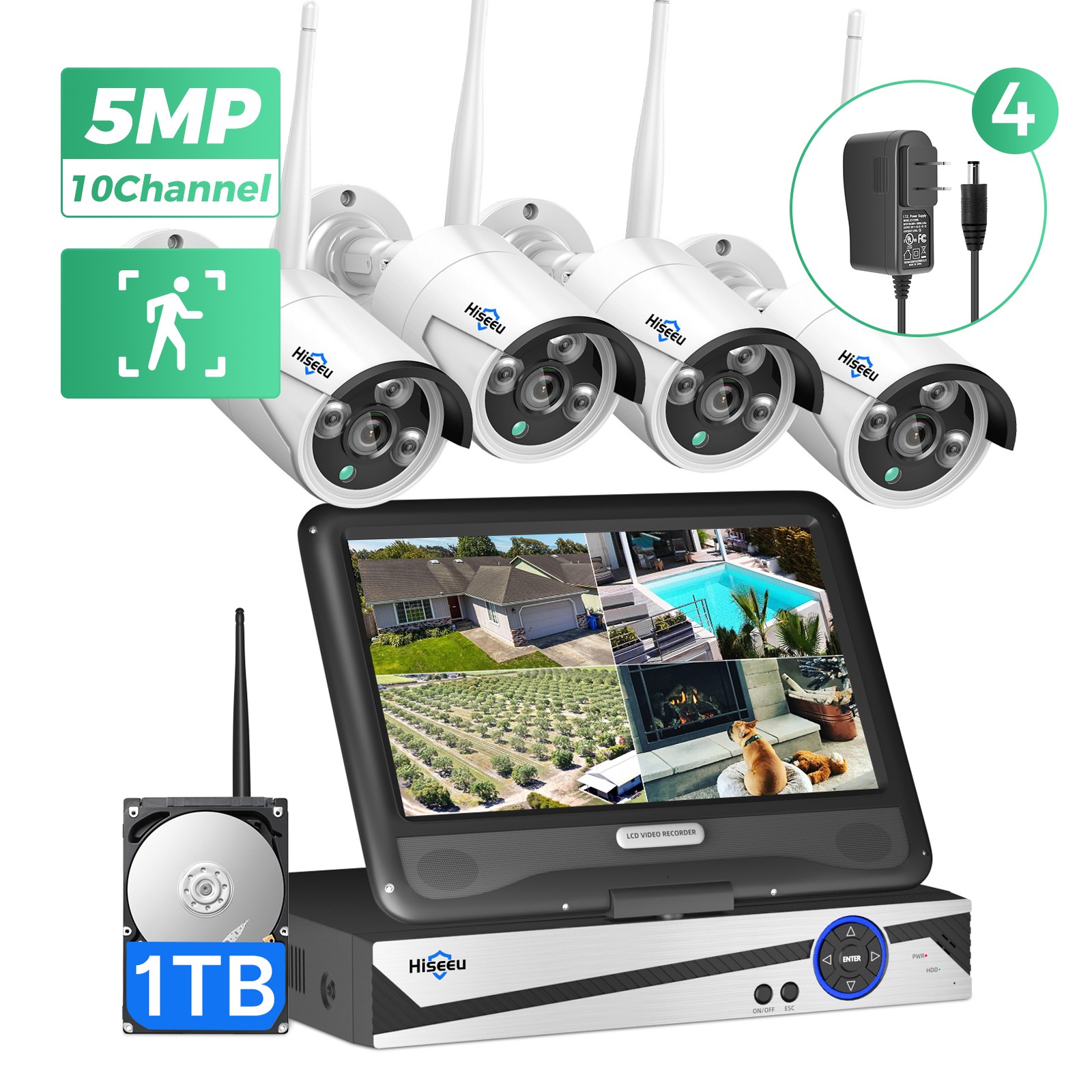 Hiseeu 5MP 10CH 10''Monitor NVR Outdoor 2.4G Wifi Security Camera System 1TB HDD