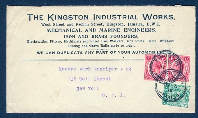 JAMAICA 1916 KGV COMBO INDUSTRIAL WORKS COMMERCIAL TO USA
