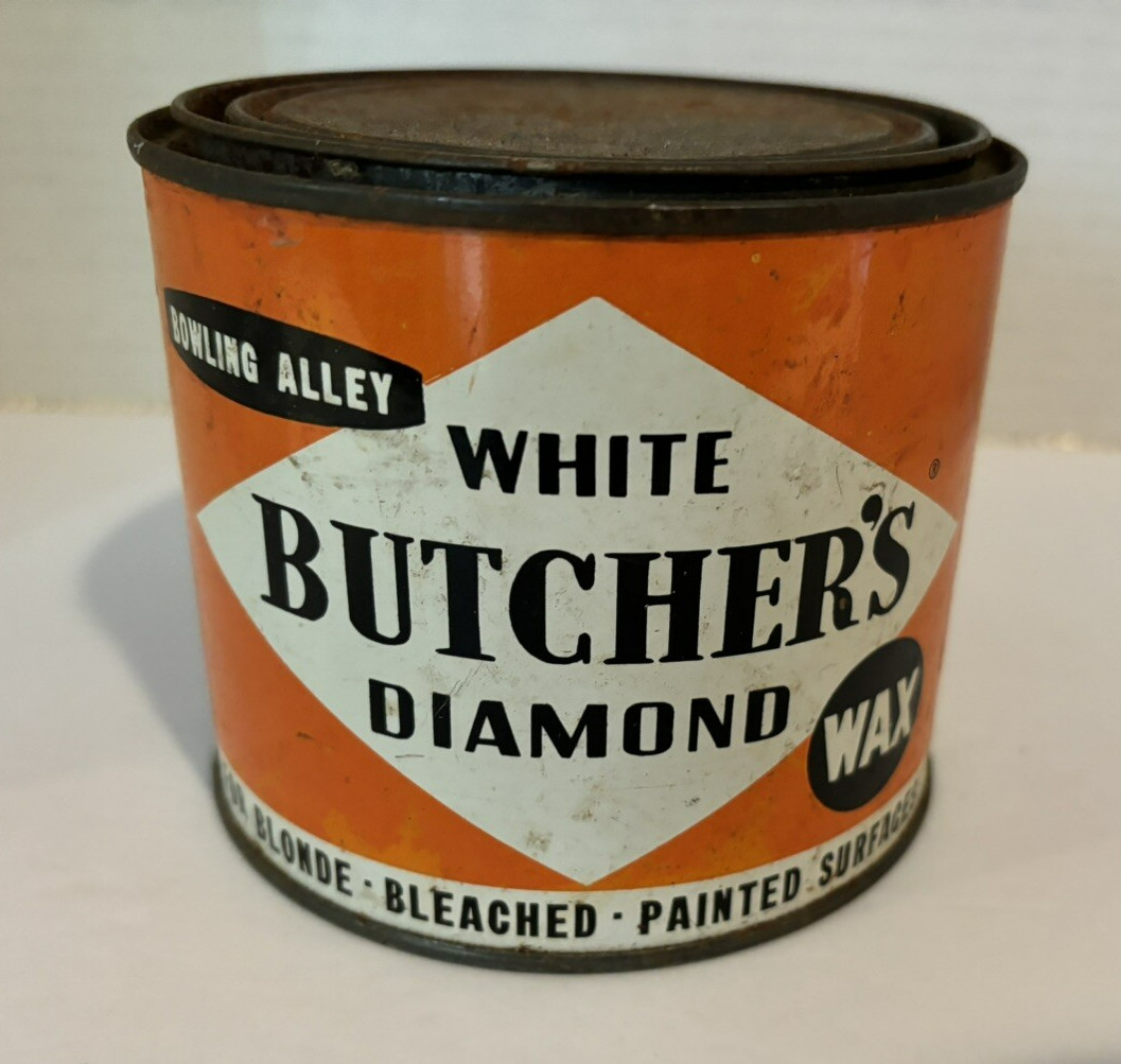Vintage White Butcher's Diamond Bowling Alley Wax Can 3.5" high x 4.25" diameter