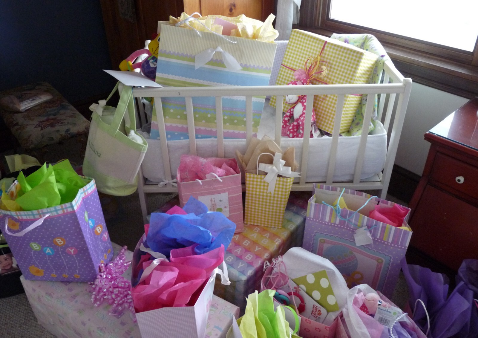 Antique 3-month baby crib bed, vintage mid century 4 generations, + some bedding