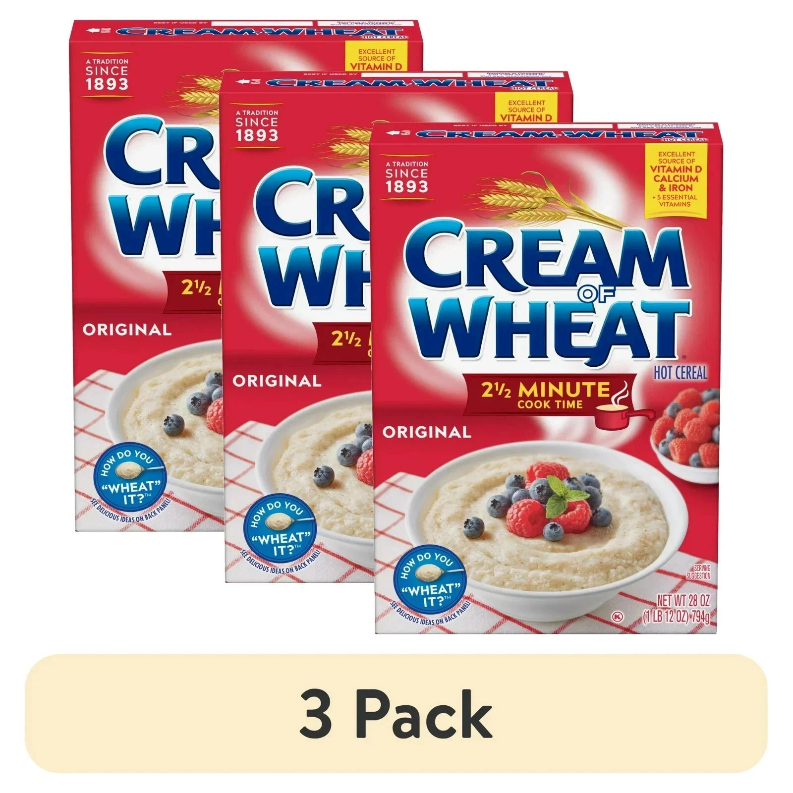 (3 pack) Cream of Wheat Original Hot Cereal, Kosher, 28 oz Box, 2.5 Min.