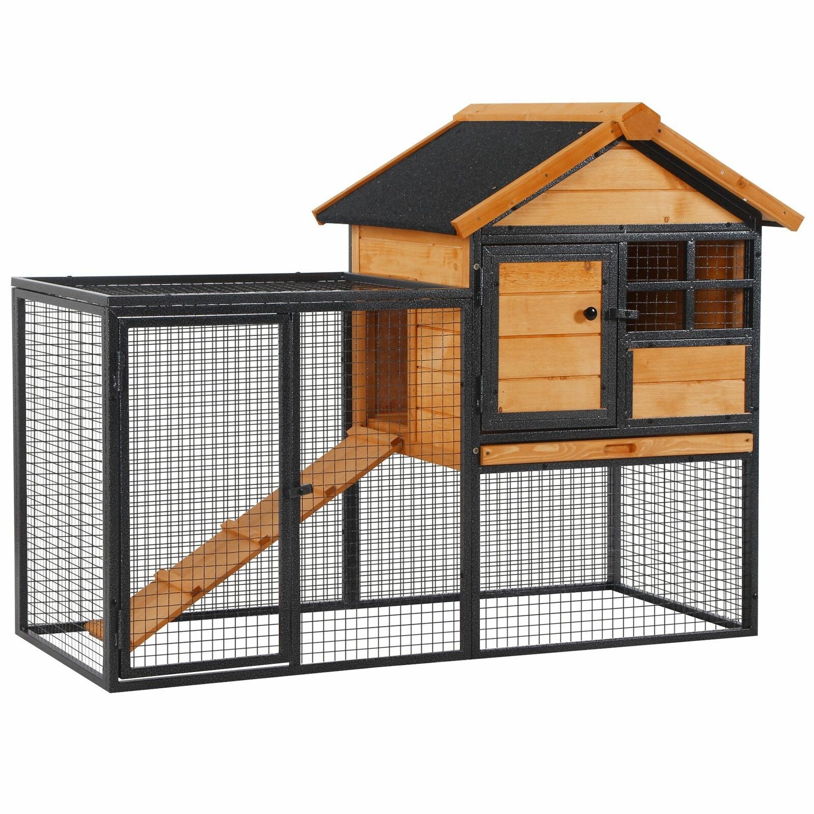 Outdoor Rabbit Cage Elevated Pet House w/ Slide-Out Tray Natural Wood & Black