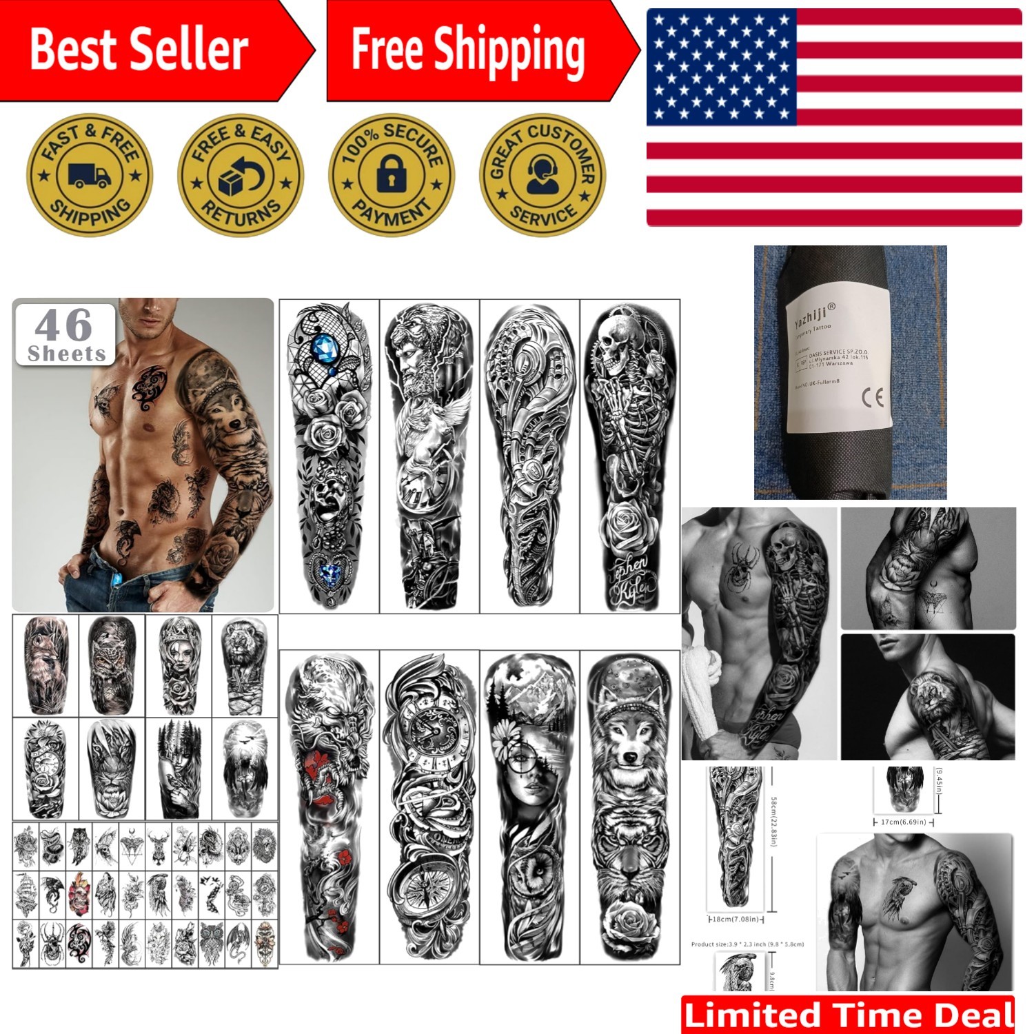 46 Sheets Full Arm Temporary Tattoos - Realistic Animal Designs for All Ages