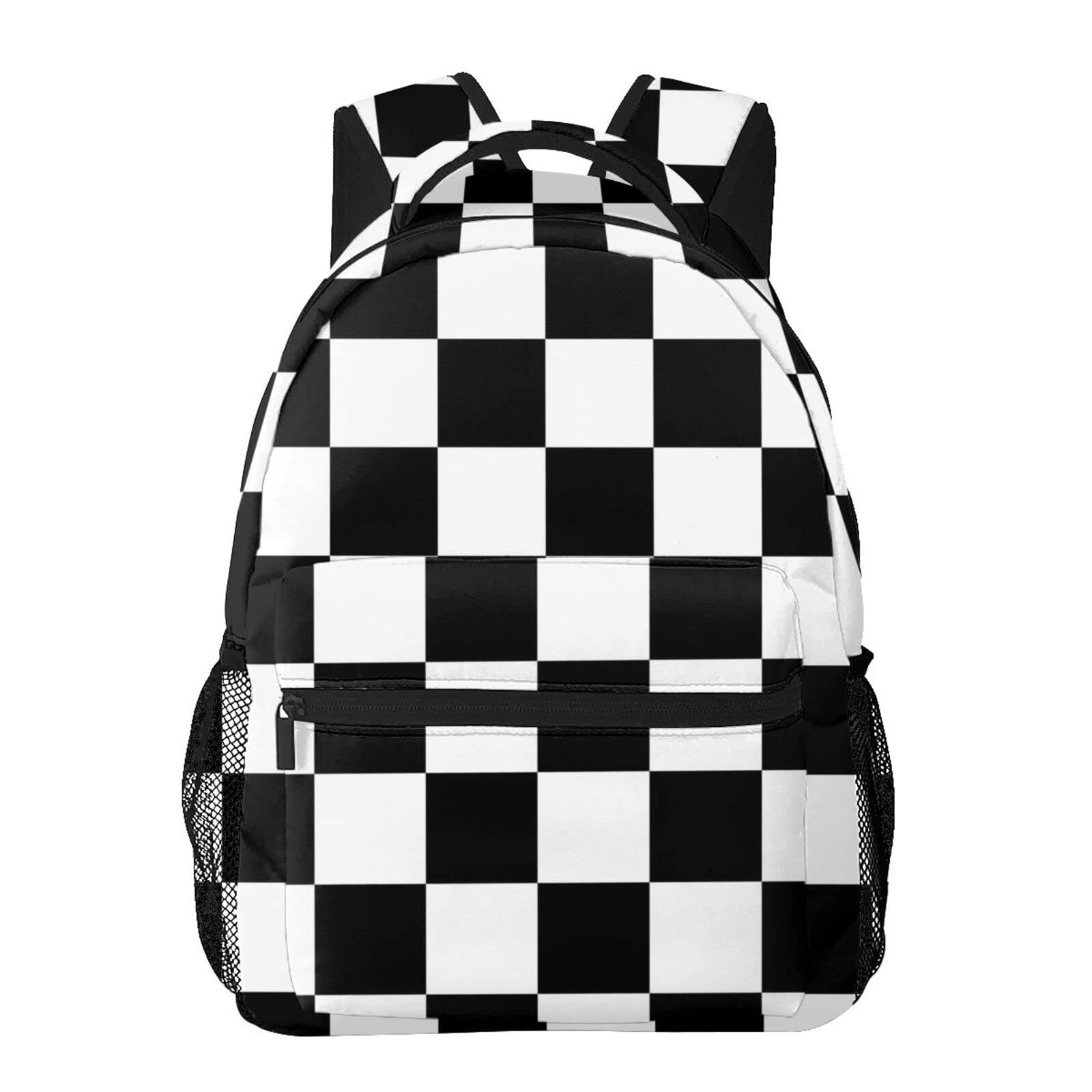 Gesey-R4T Black White Race Checkered Flag Pattern Casual School Backpack Bag,...