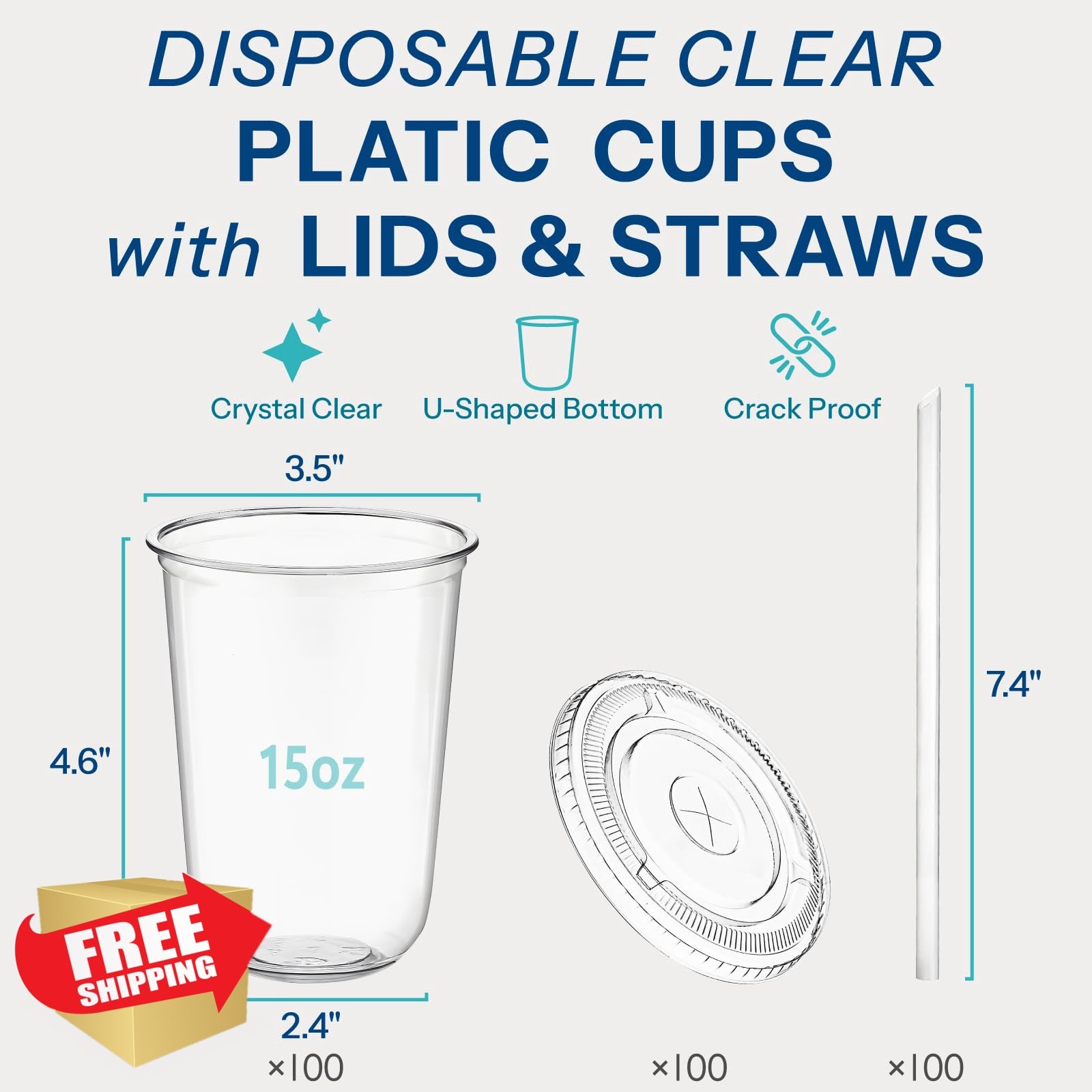 Homestockplus PET Plastic Cups 15oz w/ Lids and Straws 100 Pack, Cold Drinks