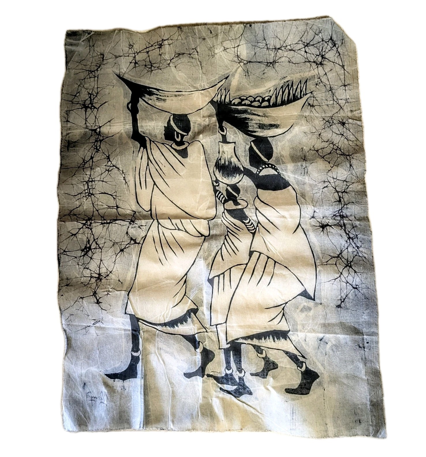 African Folk Art Tribal African Batik Fabric Art Signed 21”x 29”