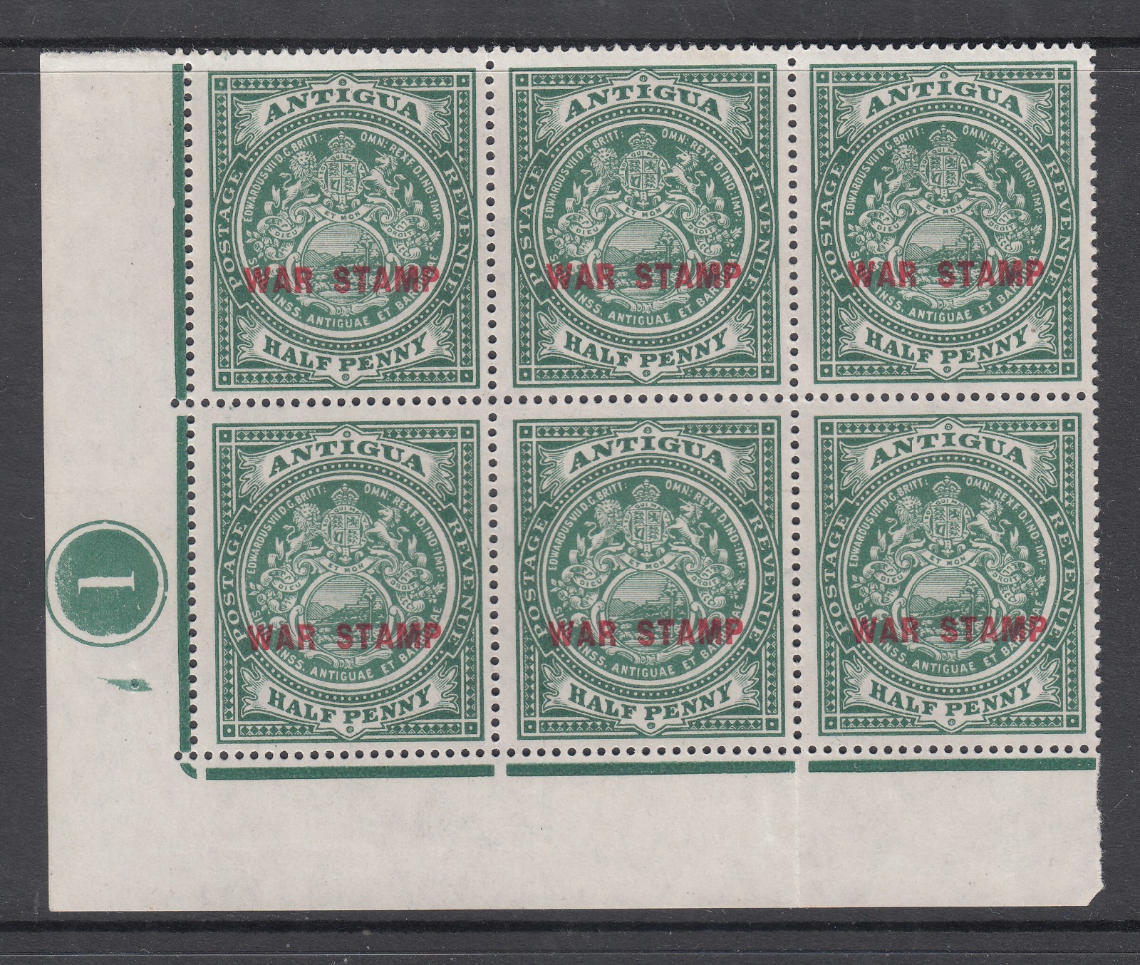 Antigua: WAR STAMP overprinted on SW corner block of 6, 1 Oct 1917