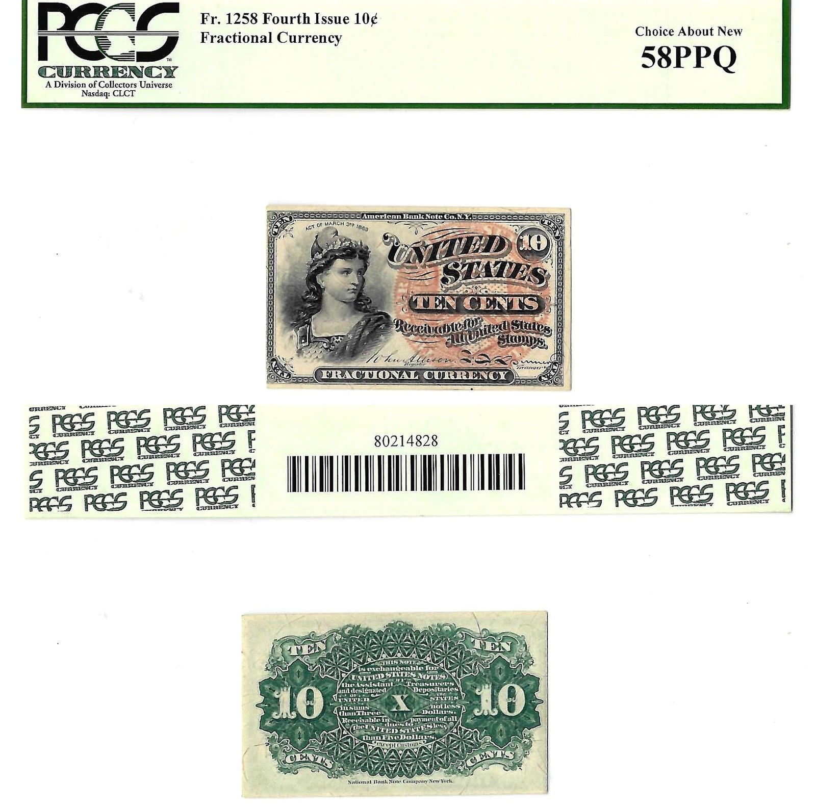 10 Cents Fourth Issue Fractional Currency Fr. 1258 PCGS Choice AU 58 PPQ
