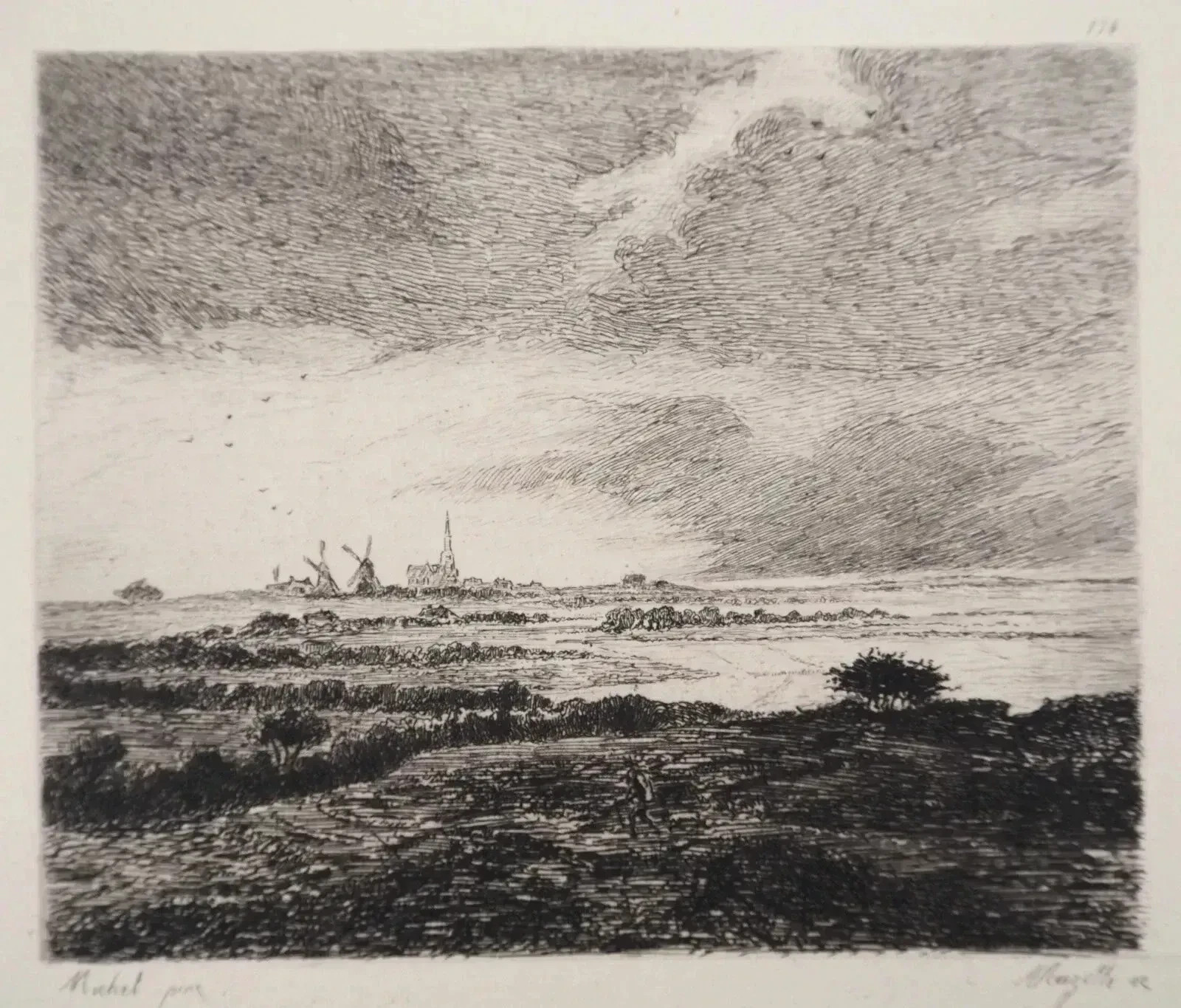 Georges MICHEL - Moulins près de Senlis, GRAVURE signée, Durand Ruel, 1873