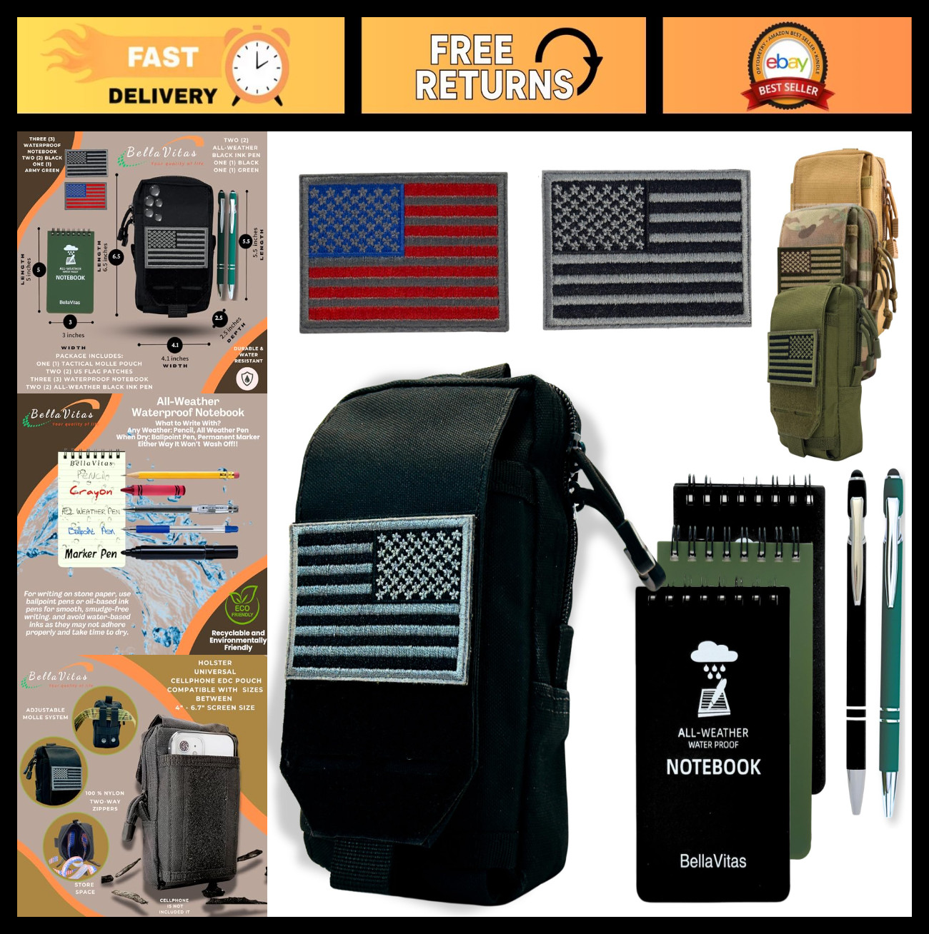 Tactical Molle Pouch EDC Utility Bag, Small Notebook Cover, Waterproof Notepad &