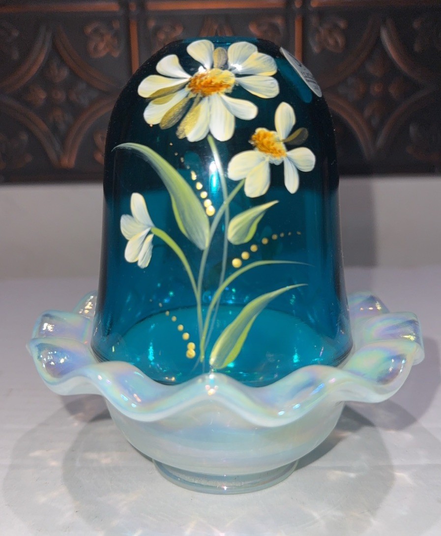 Fenton Fairy Lamp Turquoise Blue and White Carnival Floral GLOWS by C Mackey