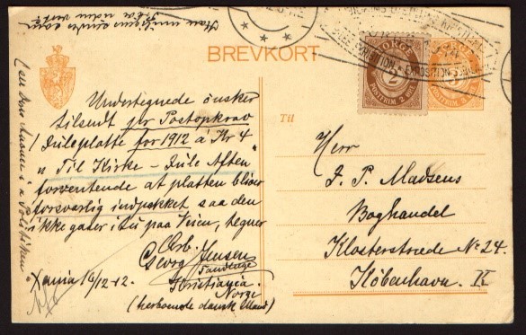 NORWAY 1912 EXHIBITION CANCEL on Postal Card to Denmark